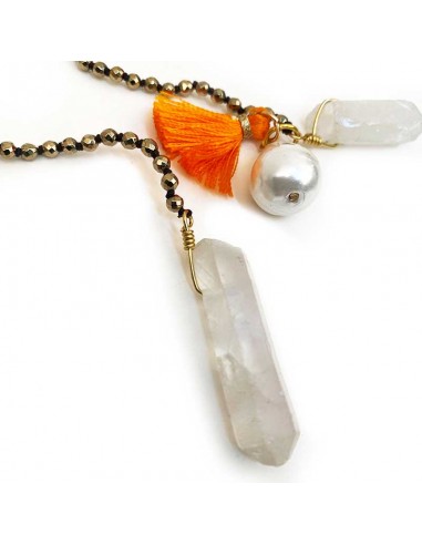 Collier à nouer en hématite, nacre et cristal de roche