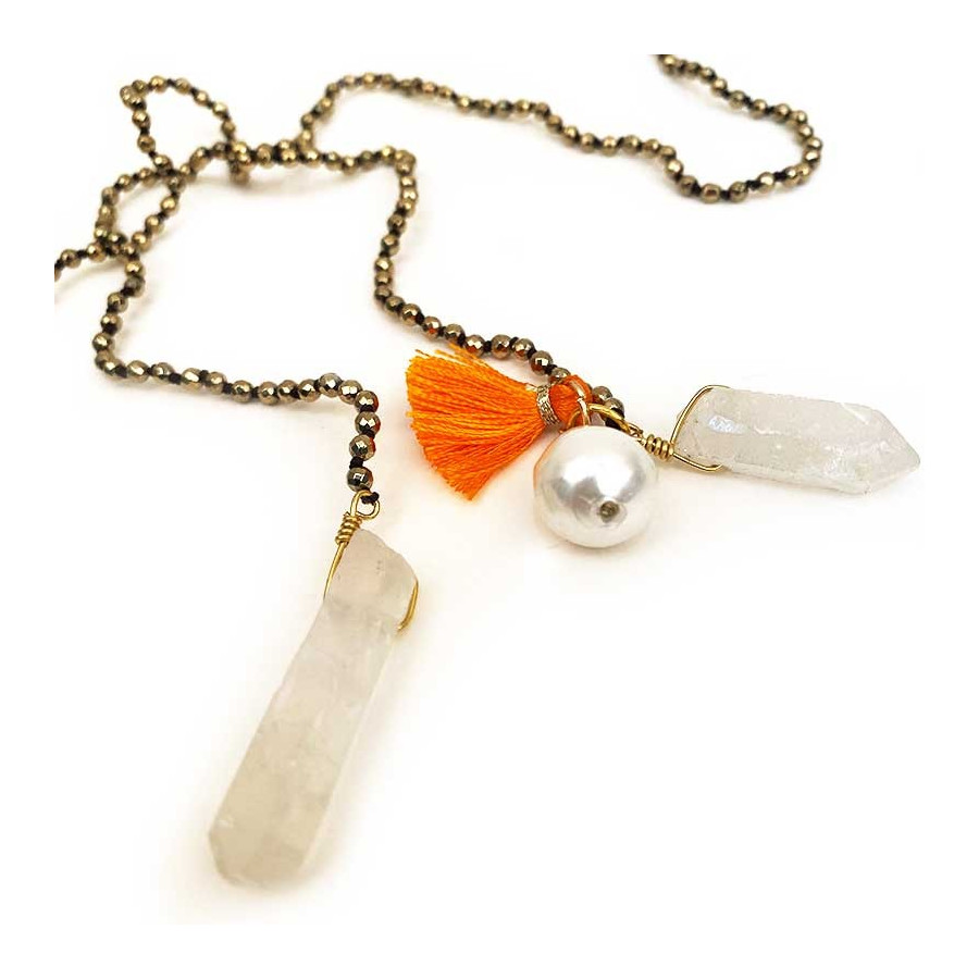 Collier hématite, nacre & cristal de roche fait main
