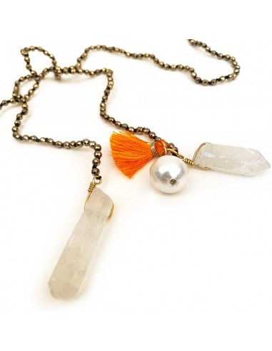 Necklace to tie in hematite, mother of pearl and rock crystal