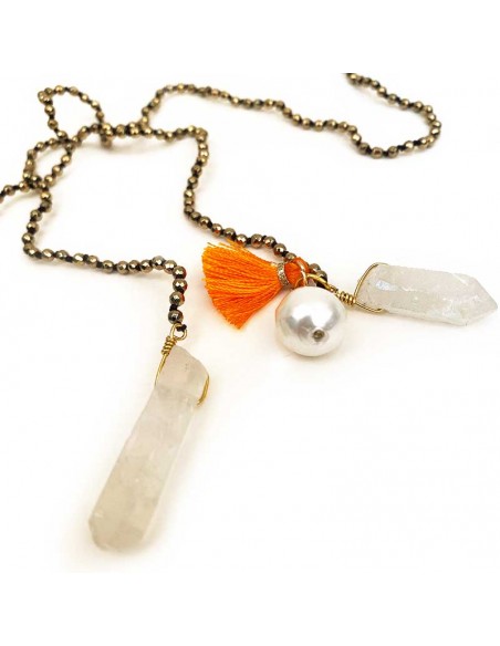 Collier à nouer en hématite, nacre et cristal de roche