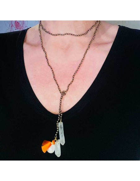 Collier à nouer en hématite, nacre et cristal de roche