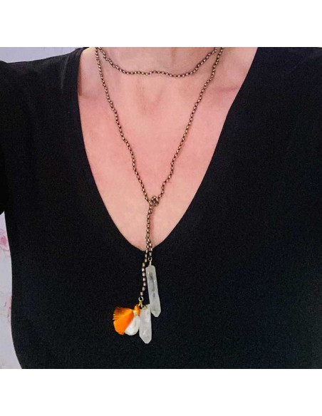 Necklace to tie in hematite, mother of pearl and rock crystal