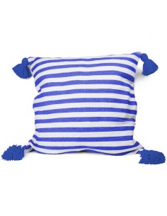 Cotton cushion cover with blue and white lines and tassels