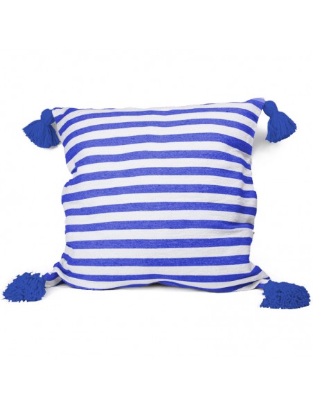 Cotton cushion cover with blue and white lines and tassels