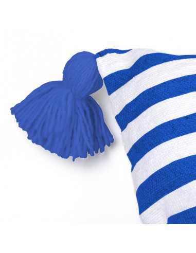 Katoenen kussenhoes met blauwe en witte lijnen en kwastjes