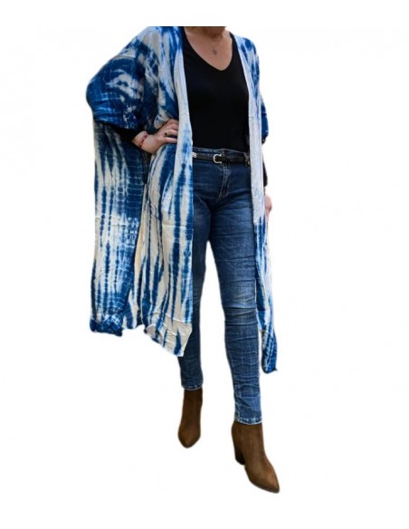 Kimono boho blanc motif indigo