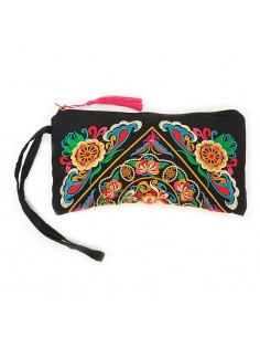 Zwart clutch tasje geborduurd met bloemen - roze
