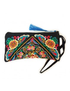 Schwarze Clutch mit besticktem Blumenmuster - cyan