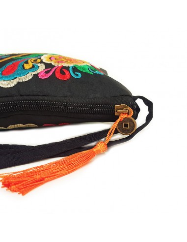 Schwarze Clutch mit besticktem Blumenmuster - orange