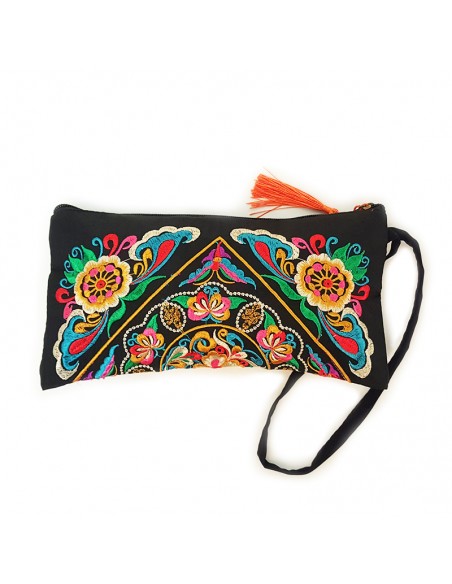 Pochette noire brodée motif fleurs - orange