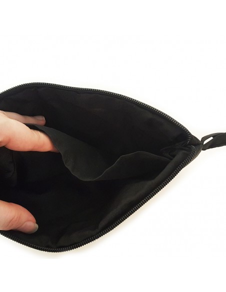 Black embroidered clutch bag with face motif - red