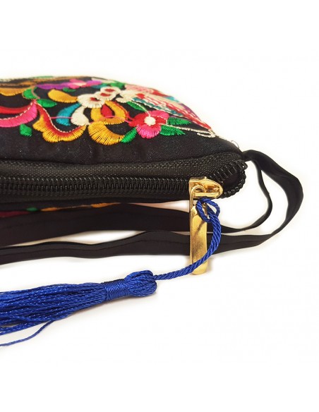 Zwart clutch tasje met geborduurd gezicht motief - blauw