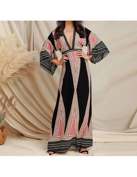 Zwart en roze bohemien maxi jurk