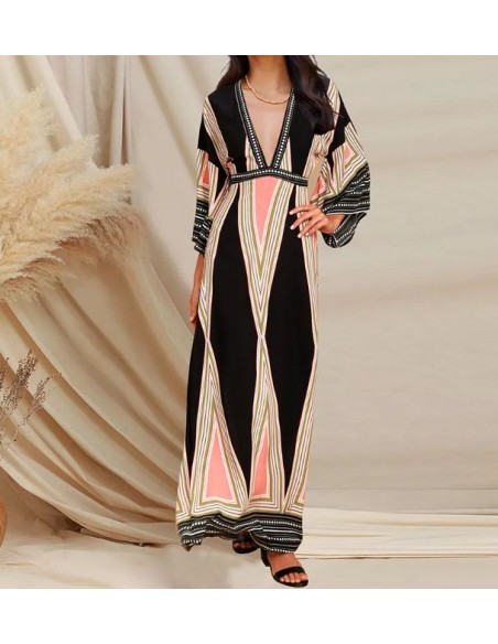 Zwart en roze bohemien maxi jurk