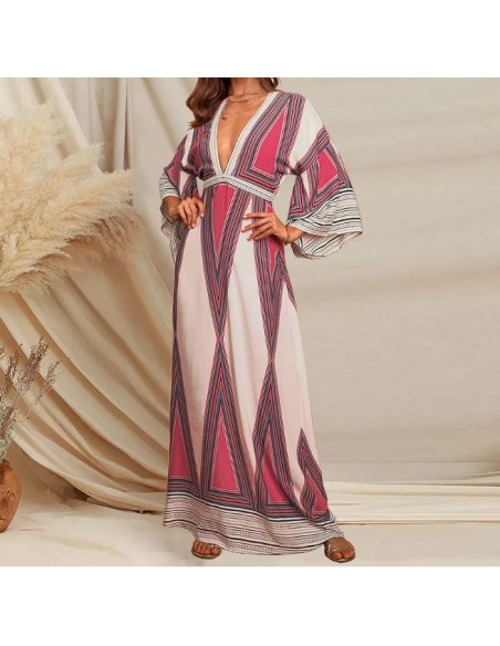 Robe longue bohème beige et rouge