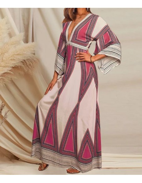 Beige en rode bohemien maxi jurk