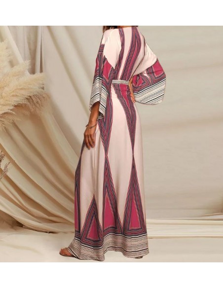 Beige en rode bohemien maxi jurk