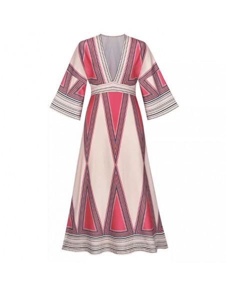 Robe longue bohème beige et rouge