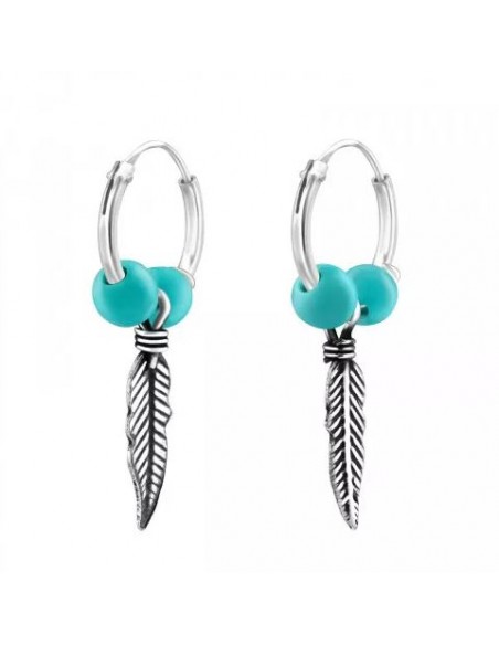 Boucles d'oreilles Plumes et perles bleues turquoises argent 925