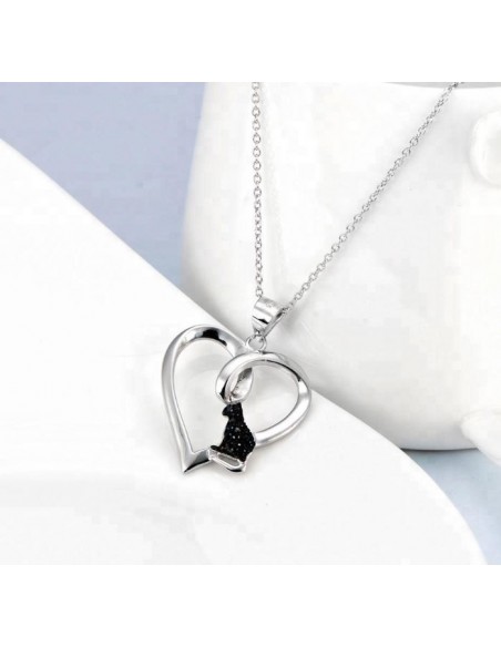 Black cat heart necklace - silver 925