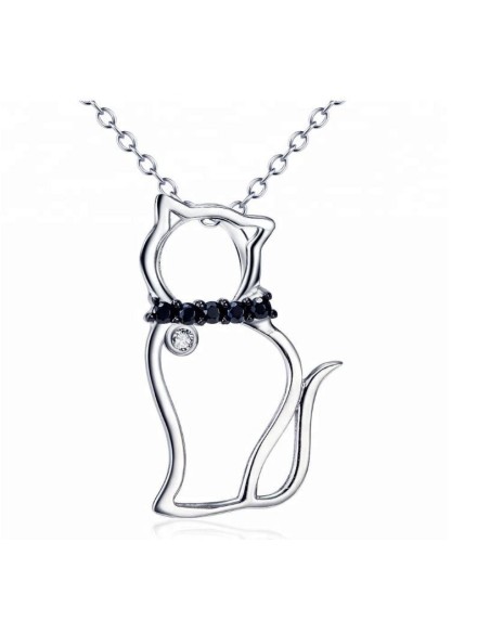 Halskette Katze Anhänger schwarz cz - Silber 925