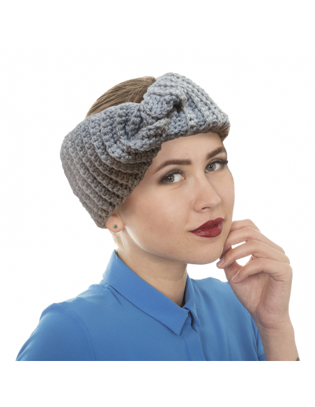 Bandeau de tête torsadé gris en laine fait main