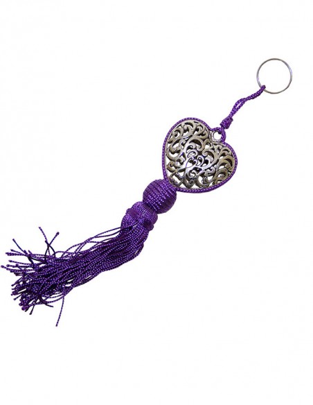 Porte-clés cœur argenté arabesques et pompon