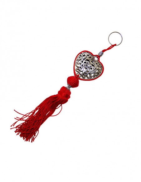 Porte-clés cœur argenté arabesques et pompon