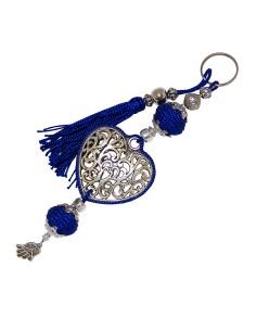 Porte-clés cœur argenté main de Fatma arabesques et pompon