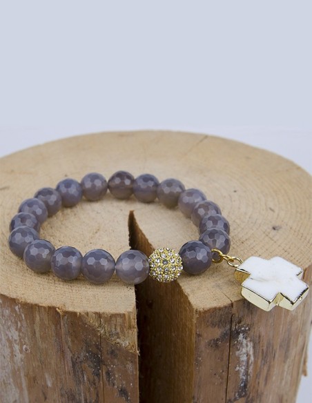 Bracelet agate facettée avec croix turquoise blanche - plaqué or