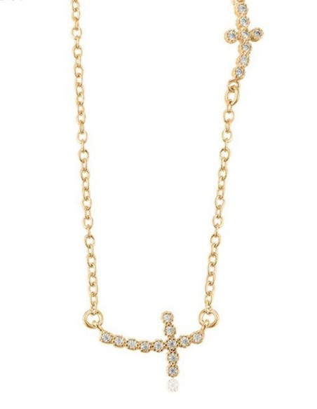 Golden necklace with elongated crosses and rhinestones