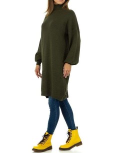 Loose-fitting khaki turtleneck sweater with thick, warm knit