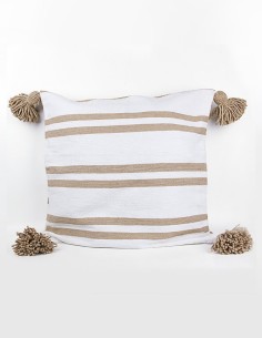 Witte katoenen kussenhoes met beige lijnen en kwastjes