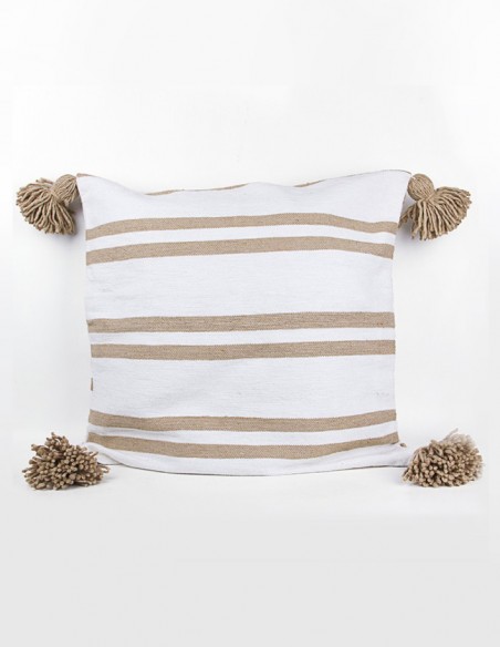 Witte katoenen kussenhoes met beige lijnen en kwastjes