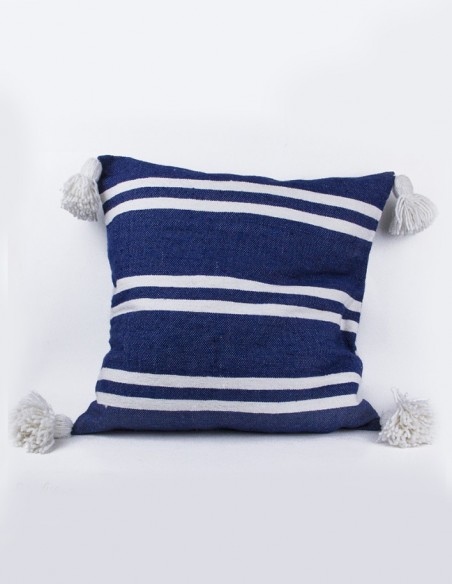 Blue cotton cushion cover with white lines and tassels