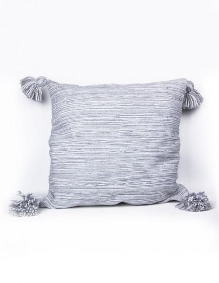 Grey and white cotton cushion cover with tassels