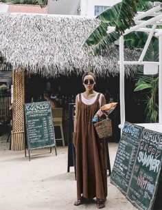 Loose cotton and linen boho style overalls - brown
