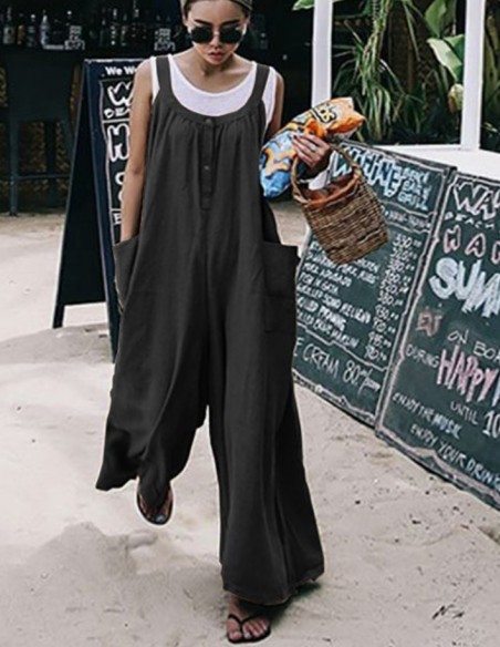 Lässige Latzhose aus Baumwolle und Leinen im Boho-Stil - schwarz