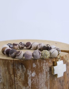 Bracelet agate avec croix turquoise blanche - plaqué or