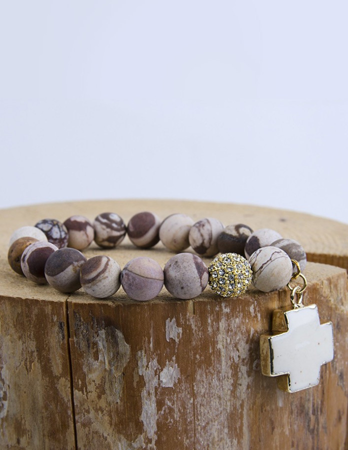Bracelet agate avec croix turquoise blanche - plaqué or