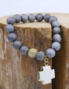 Graues Achat-Armband mit weißem Türkis-Kreuz - vergoldet