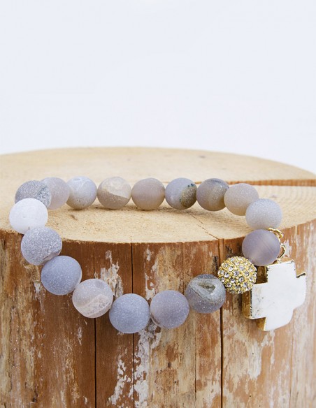 Bracelet agate blue lace avec croix turquoise blanche - plaqué or