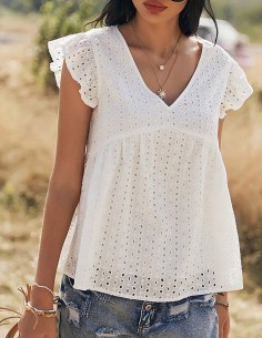 Cremefarbene Bluse mit V-Ausschnitt und durchbrochener Stickerei