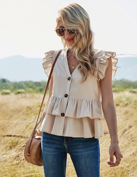Beige blouse met korte mouwen en ruches