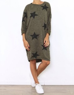 Khaki-Kleid mit schwarzen Sternen