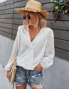 White cotton blouse with embroidered dots and lace