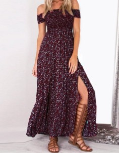 Robe longue échancrée bordeaux fleurie