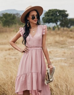 Pink dress with crochet lace ruffle and V-neck