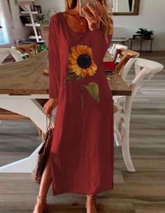 Lange jurk zonnebloem rood bordeaux