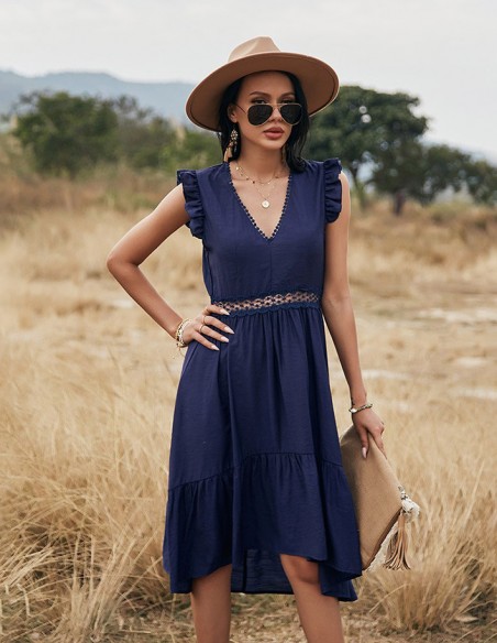 Blue dress with crochet lace ruffle and V-neck